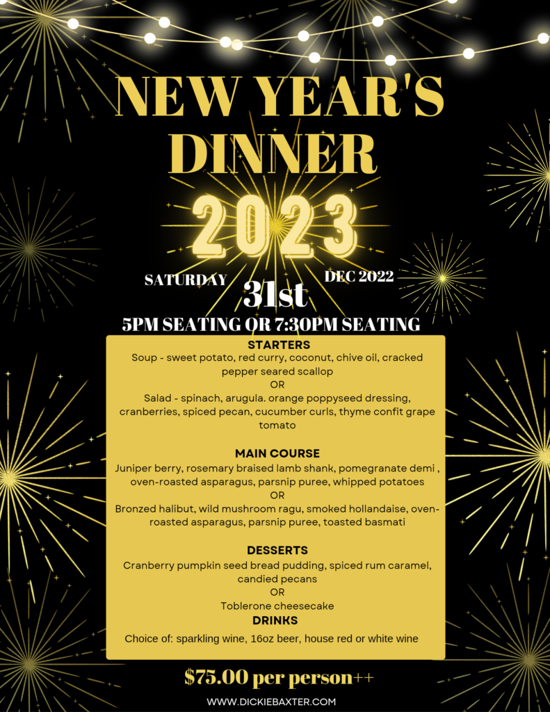 New Year Eve Menu at the Dickie Baxter Bistro